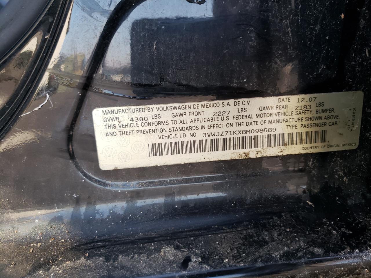 2008 Volkswagen Jetta VIN 3VWJZ71KX8M098589 Copart auction photo, front end damage thumbnail 12
