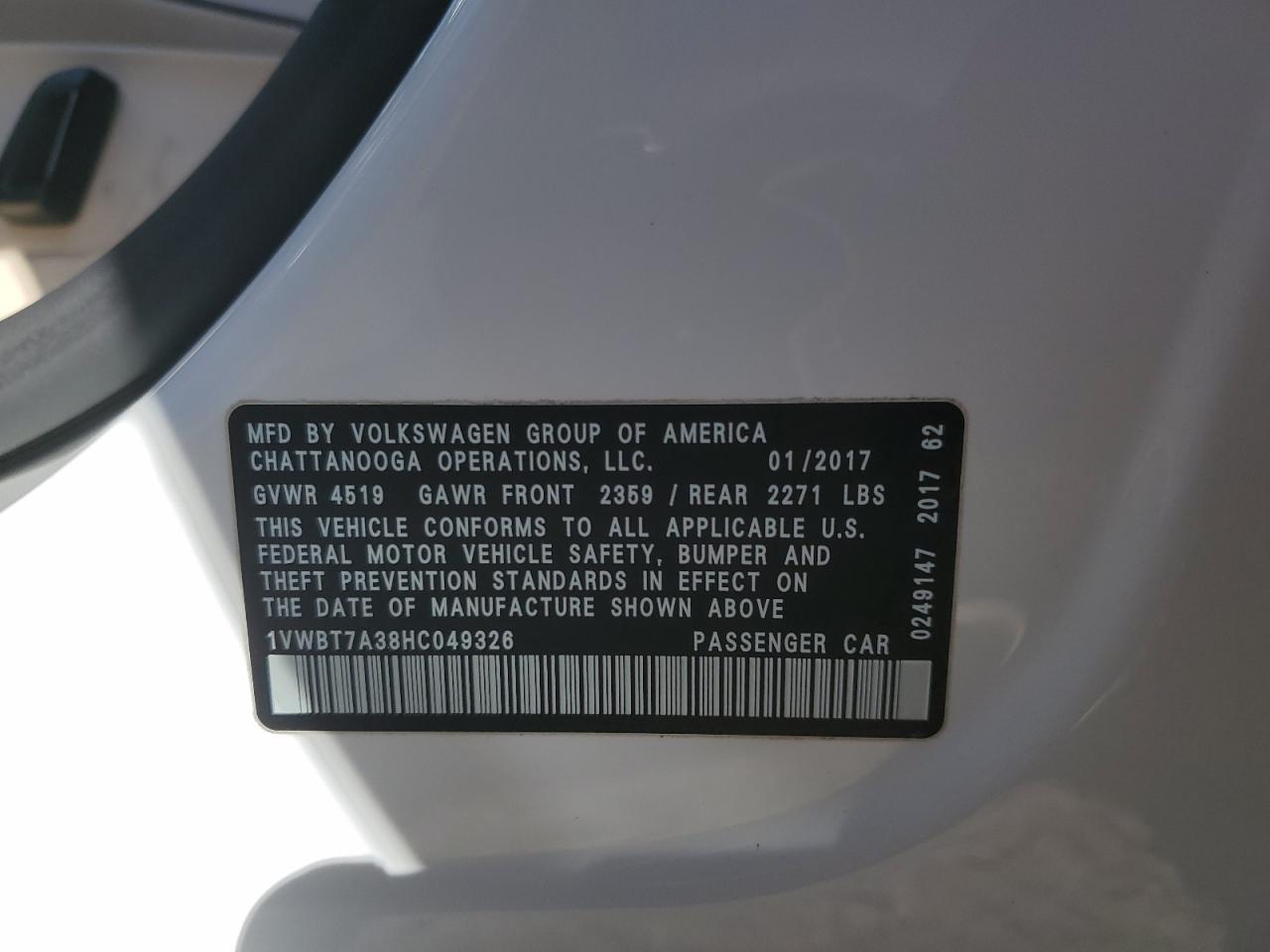 2017 Volkswagen Passat VIN 1VWBT7A38HC049326 Copart auction photo, rear end damage thumbnail 12