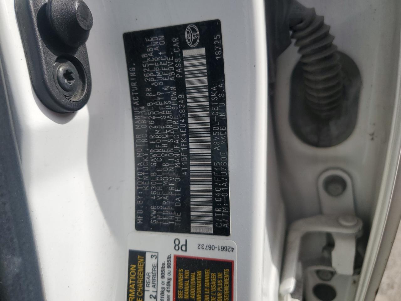 2014 Toyota Camry VIN 4T1BF1FK4EU458349 Copart auction photo, side / front end damage thumbnail 13