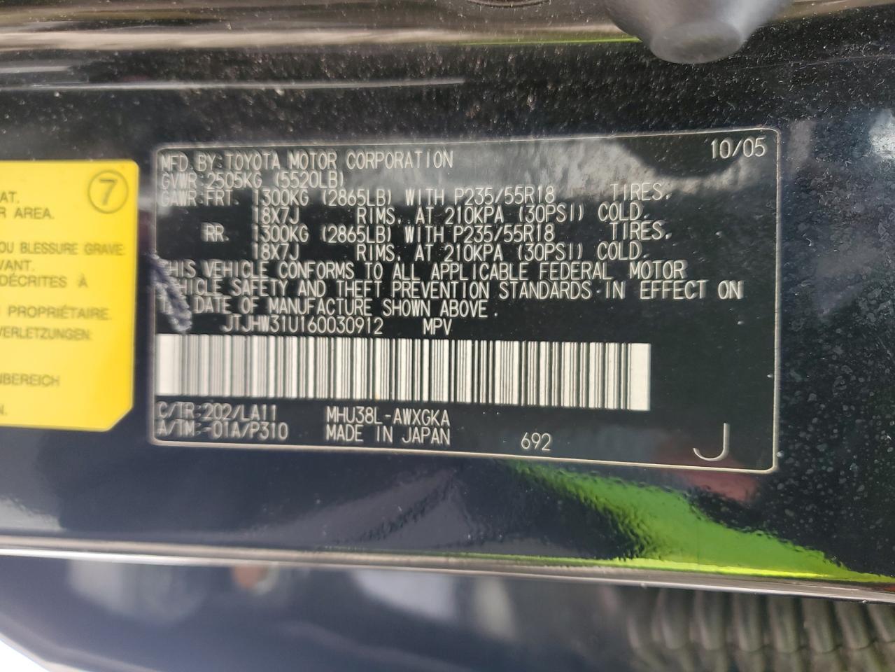 2006 Lexus RX VIN JTJHW31U160030912 Copart auction photo, front end / minor dent/scratches damage thumbnail 13