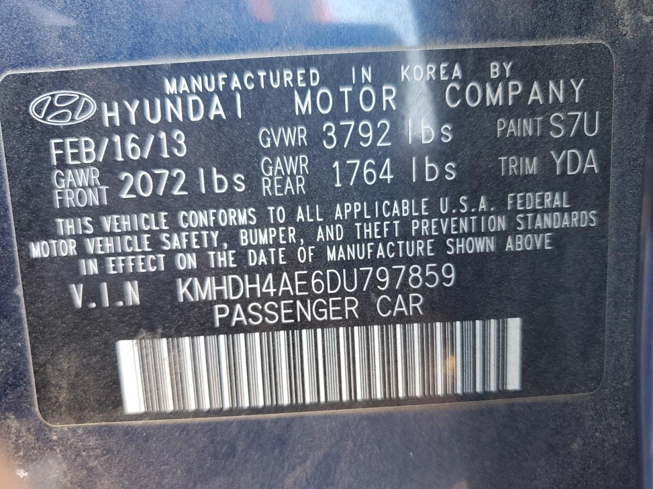 2013 Hyundai Elantra VIN KMHDH4AE6DU797859 Copart auction photo, all over damage thumbnail 12