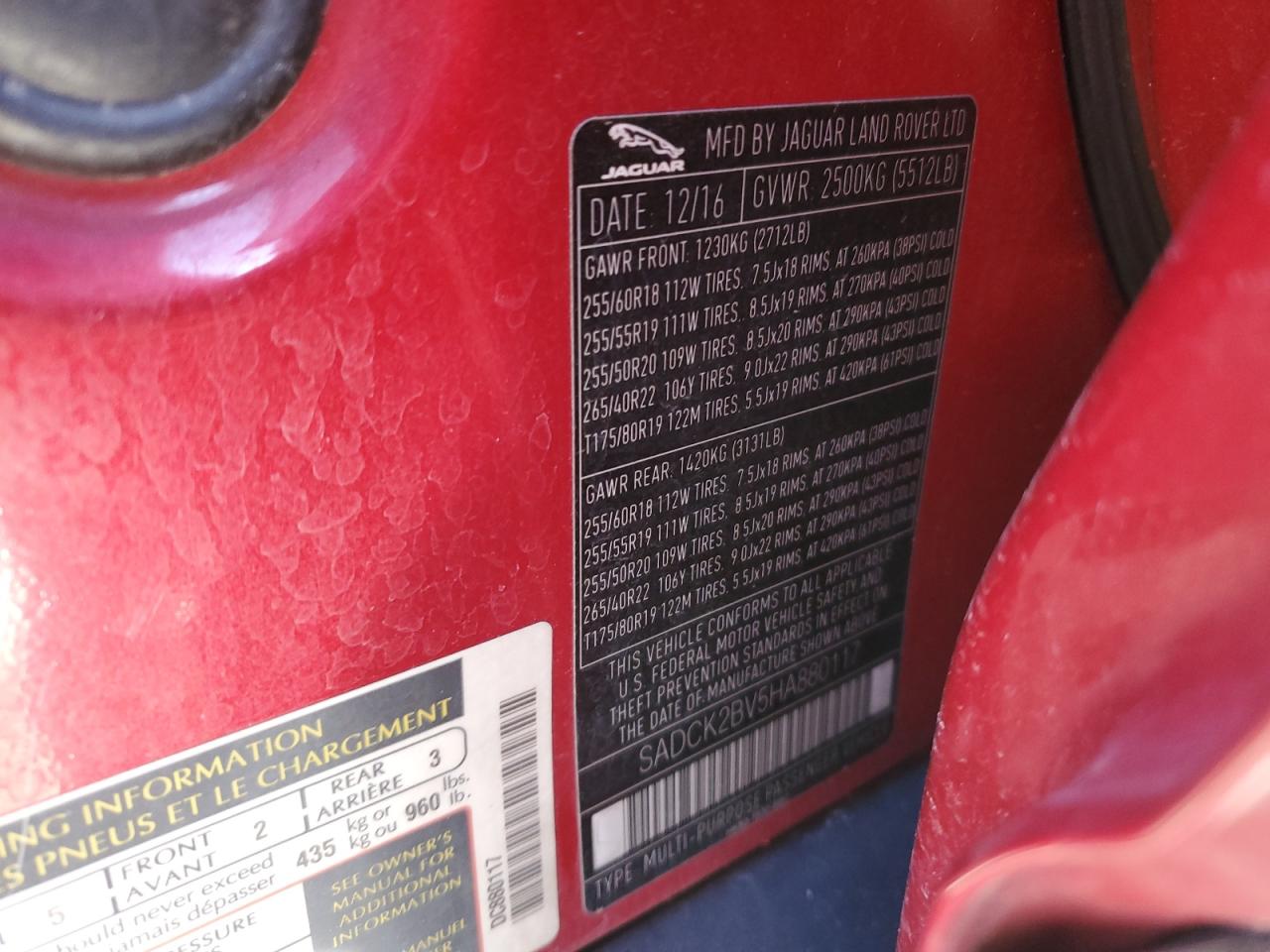 2017 Jaguar F-Pace VIN SADCK2BV5HA880117 Copart auction photo, undercarriage damage thumbnail 15