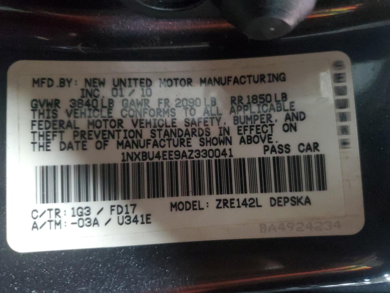 2010 Toyota Corolla VIN 1NXBU4EE9AZ330041 Copart auction photo, all over damage thumbnail 15