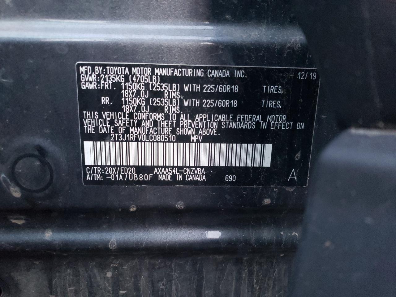2020 Toyota RAV 4 VIN 2T3J1RFV0LC080510 Copart auction photo, rear end damage thumbnail 16