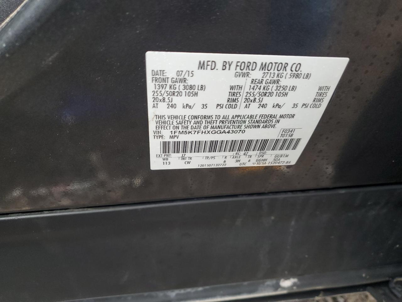 2016 Ford Explorer VIN 1FM5K7FHXGGA43070 Copart auction photo, front end damage thumbnail 13