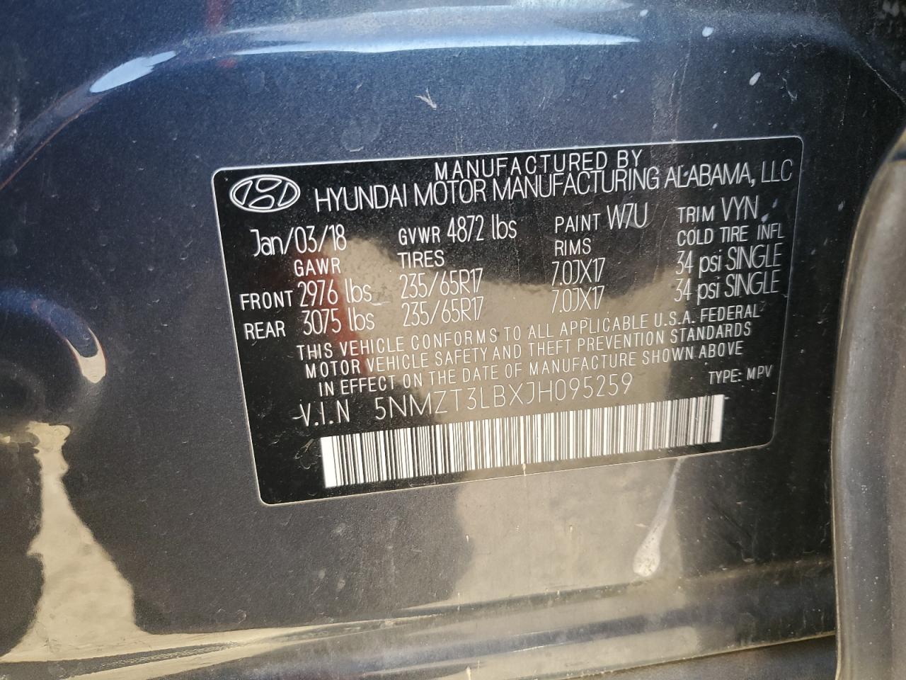 2018 Hyundai Santa Fe VIN 5NMZT3LBXJH095259 Copart auction photo, front end / undercarriage damage thumbnail 13