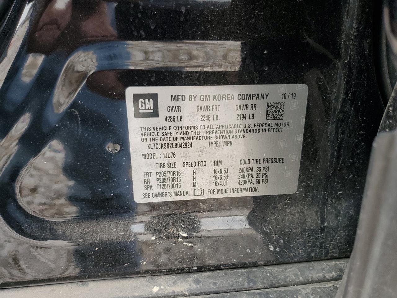 2020 Chevrolet Trax VIN KL7CJKSB2LB042924 Copart auction photo, all over / frame damage damage thumbnail 14