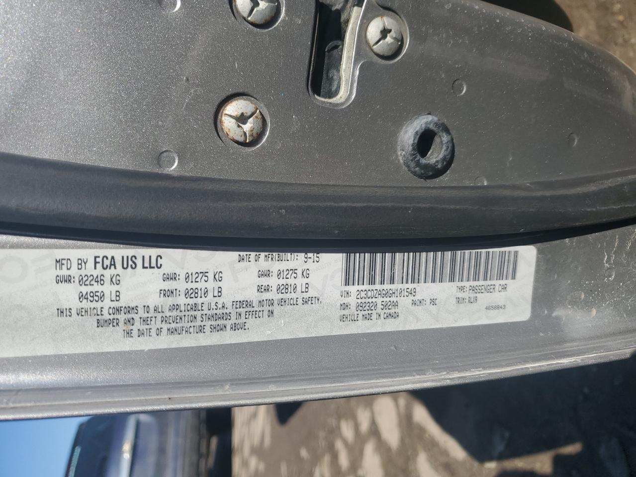 2016 Dodge Challenger VIN 2C3CDZAG0GH101549 Copart auction photo, front end damage thumbnail 13