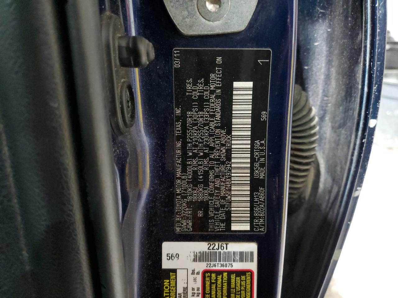 2011 Toyota Tundra VIN 5TFUW5F14BX197942 Copart auction photo, side damage thumbnail 12