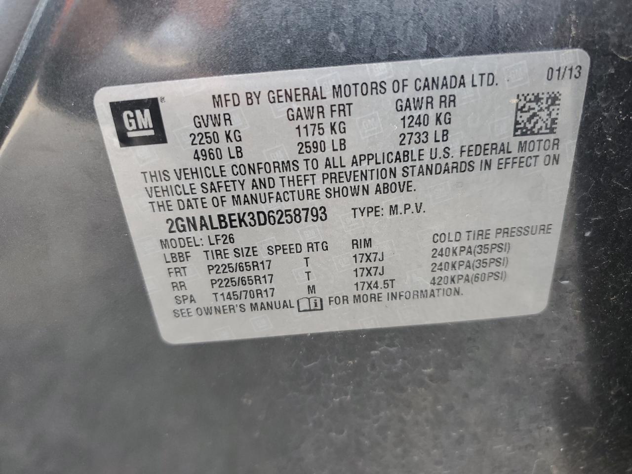 2013 Chevrolet Equinox VIN 2GNALBEK3D6258793 Copart auction photo, minor dent/scratches damage thumbnail 13