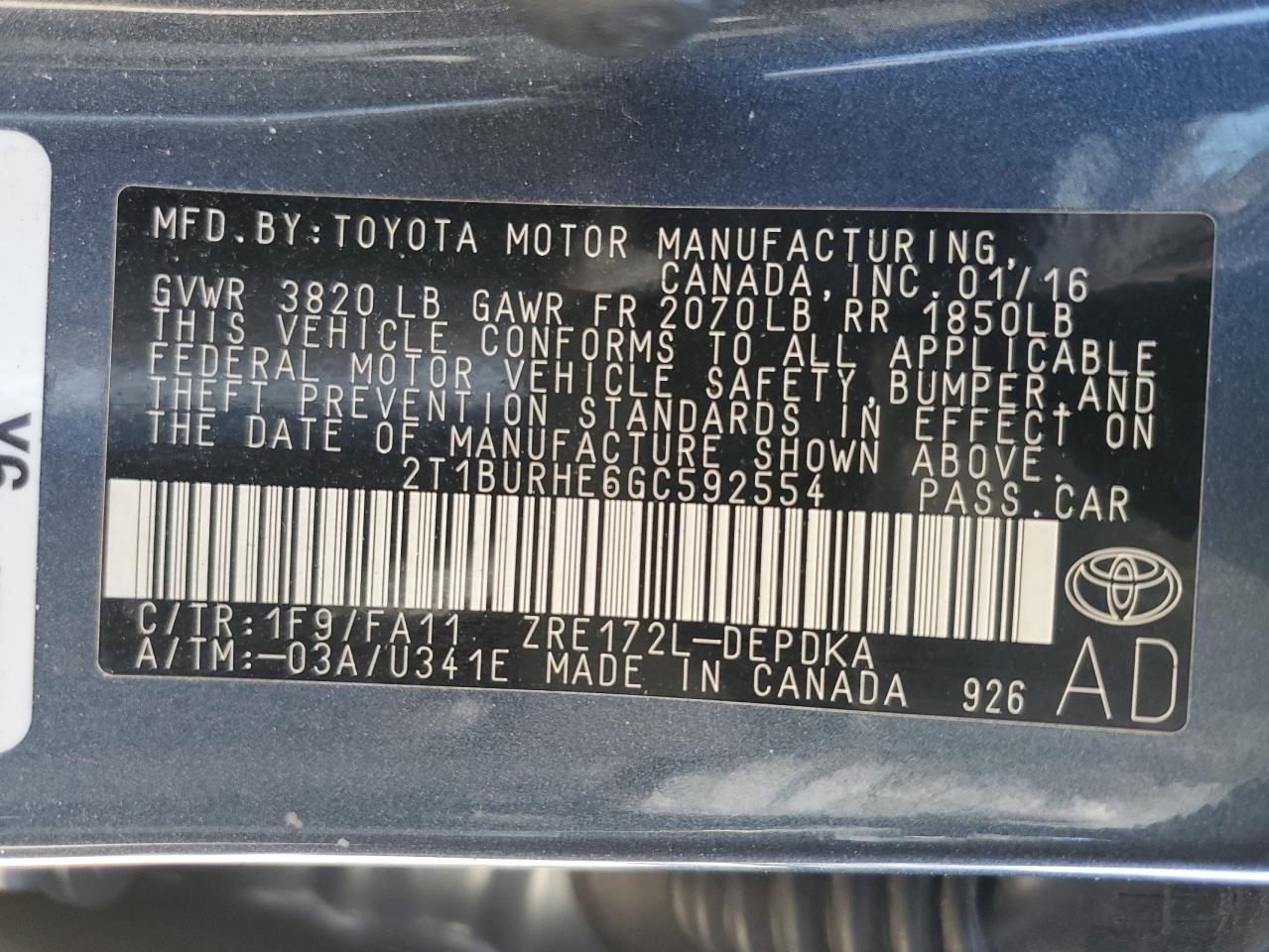 2016 Toyota Corolla VIN 2T1BURHE6GC592554 Copart auction photo, front end / minor dent/scratches damage thumbnail 12