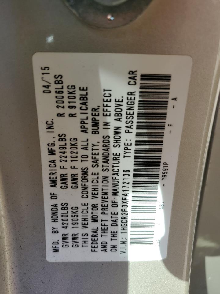2015 Honda Accord VIN 1HGCR2F3XFA172136 Copart auction photo, front end / side damage thumbnail 12