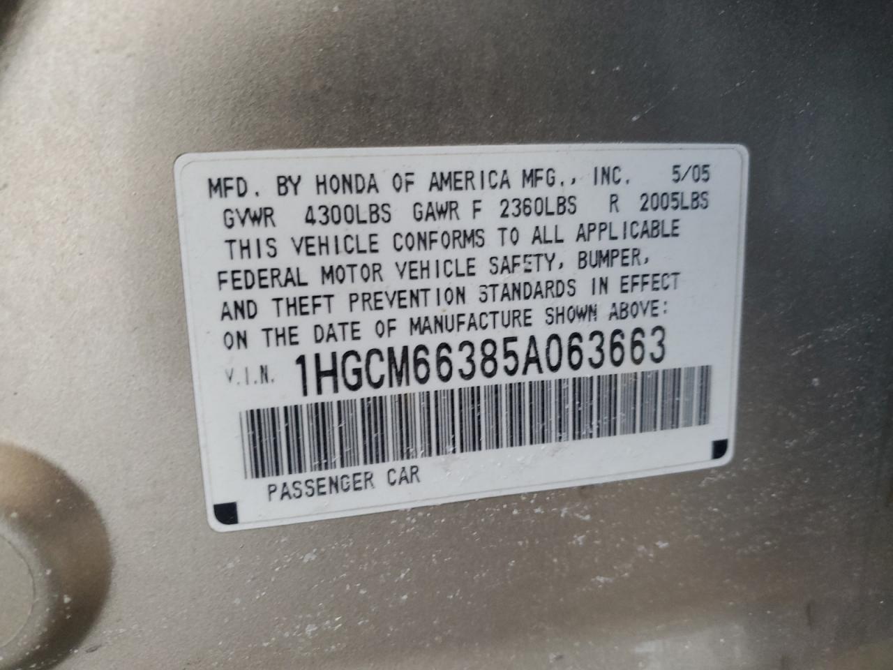 2005 Honda Accord VIN 1HGCM66385A063663 Copart auction photo, front end / side damage thumbnail 12