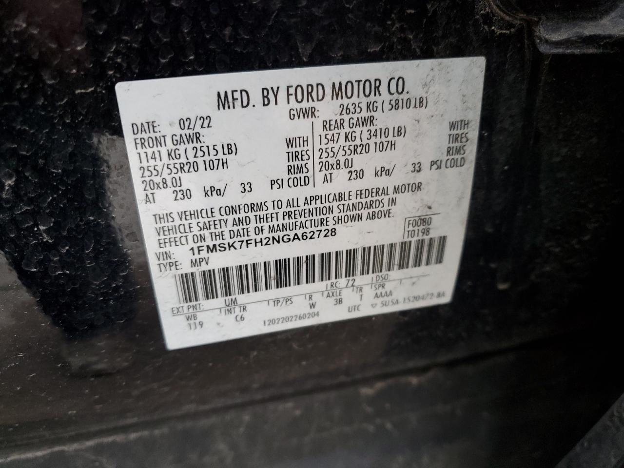 2022 Ford Explorer VIN 1FMSK7FH2NGA62728 Copart auction photo, side damage thumbnail 13