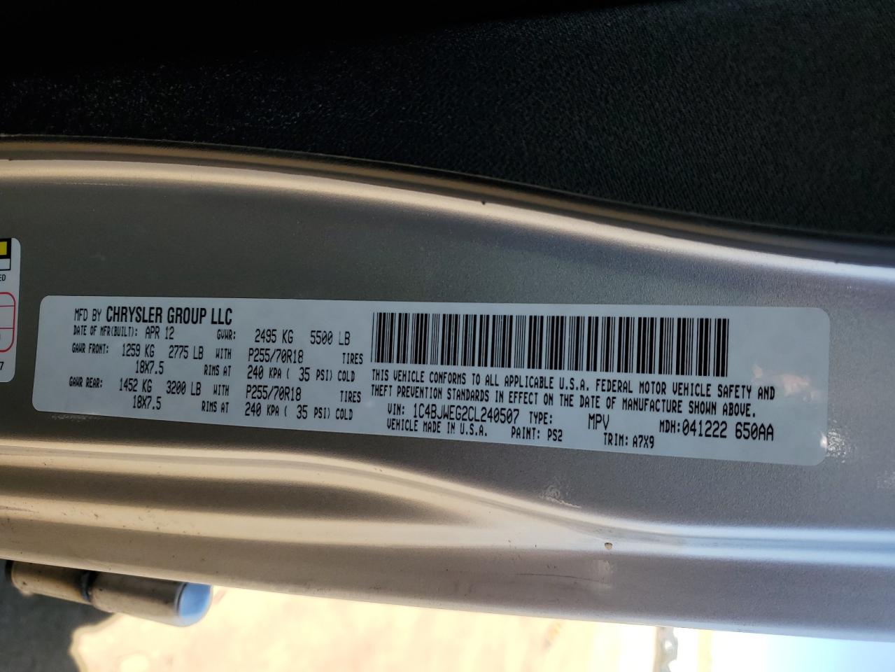 2012 Jeep Wrangler VIN 1C4BJWEG2CL240507 Copart auction photo, front end / rear end damage thumbnail 12