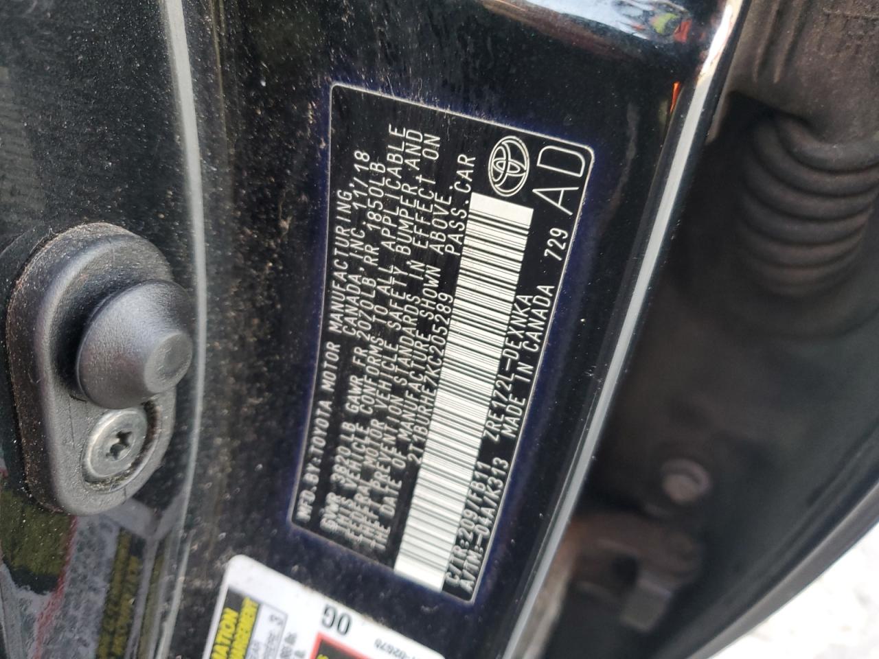2019 Toyota Corolla VIN 2T1BURHE7KC205289 Copart auction photo, top/roof / minor dent/scratches damage thumbnail 12
