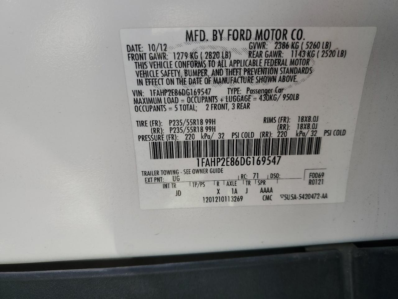 2013 Ford Taurus VIN 1FAHP2E86DG169547 Copart auction photo, front end damage thumbnail 12