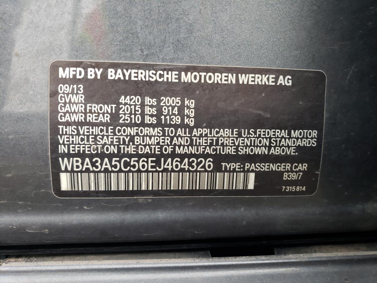 2014 BMW 3er VIN WBA3A5C56EJ464326 Copart auction photo, rear end / minor dent/scratches damage thumbnail 12