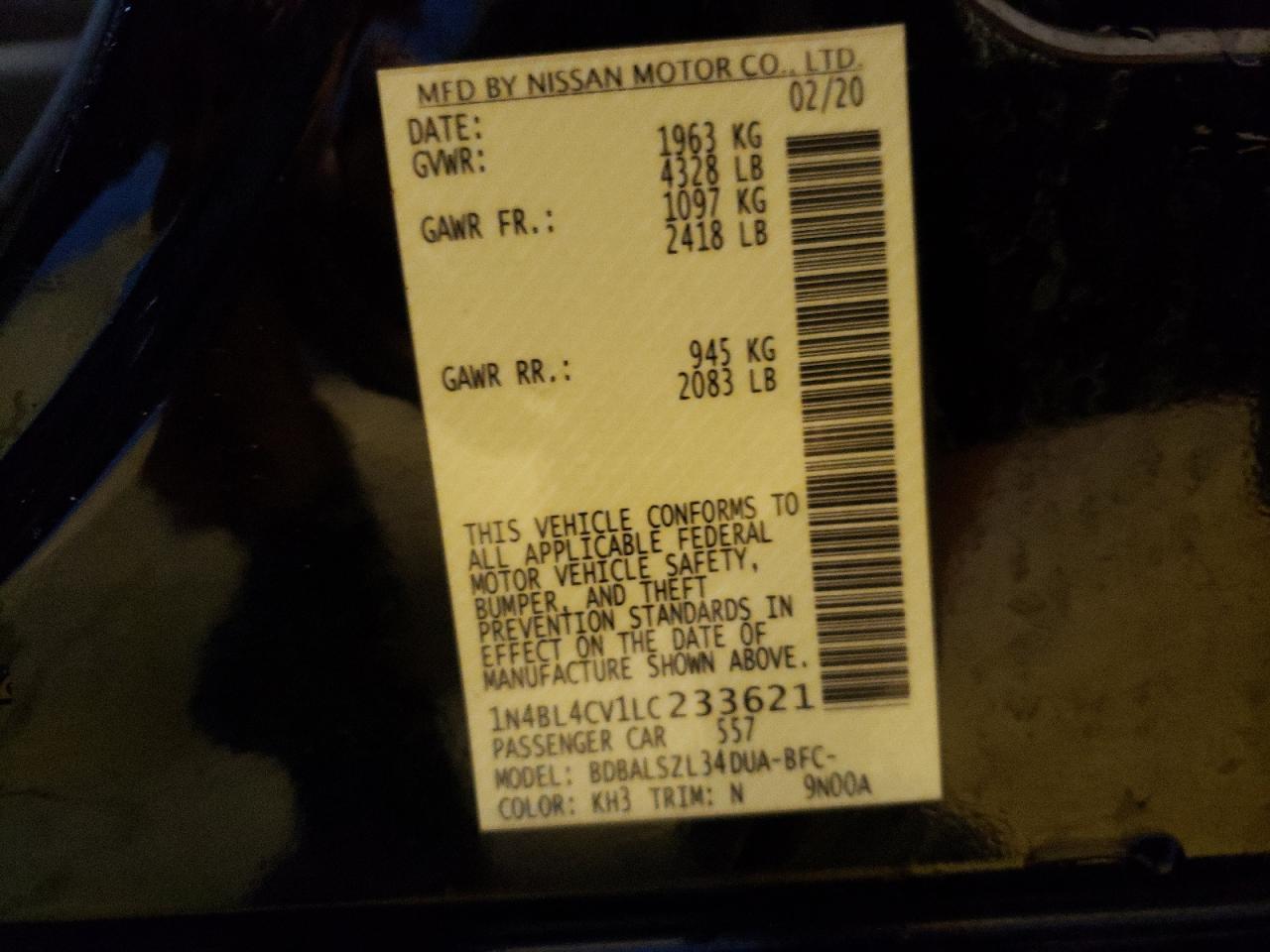 2020 Nissan Altima VIN 1N4BL4CV1LC233621 Copart auction photo, front end / side damage thumbnail 13