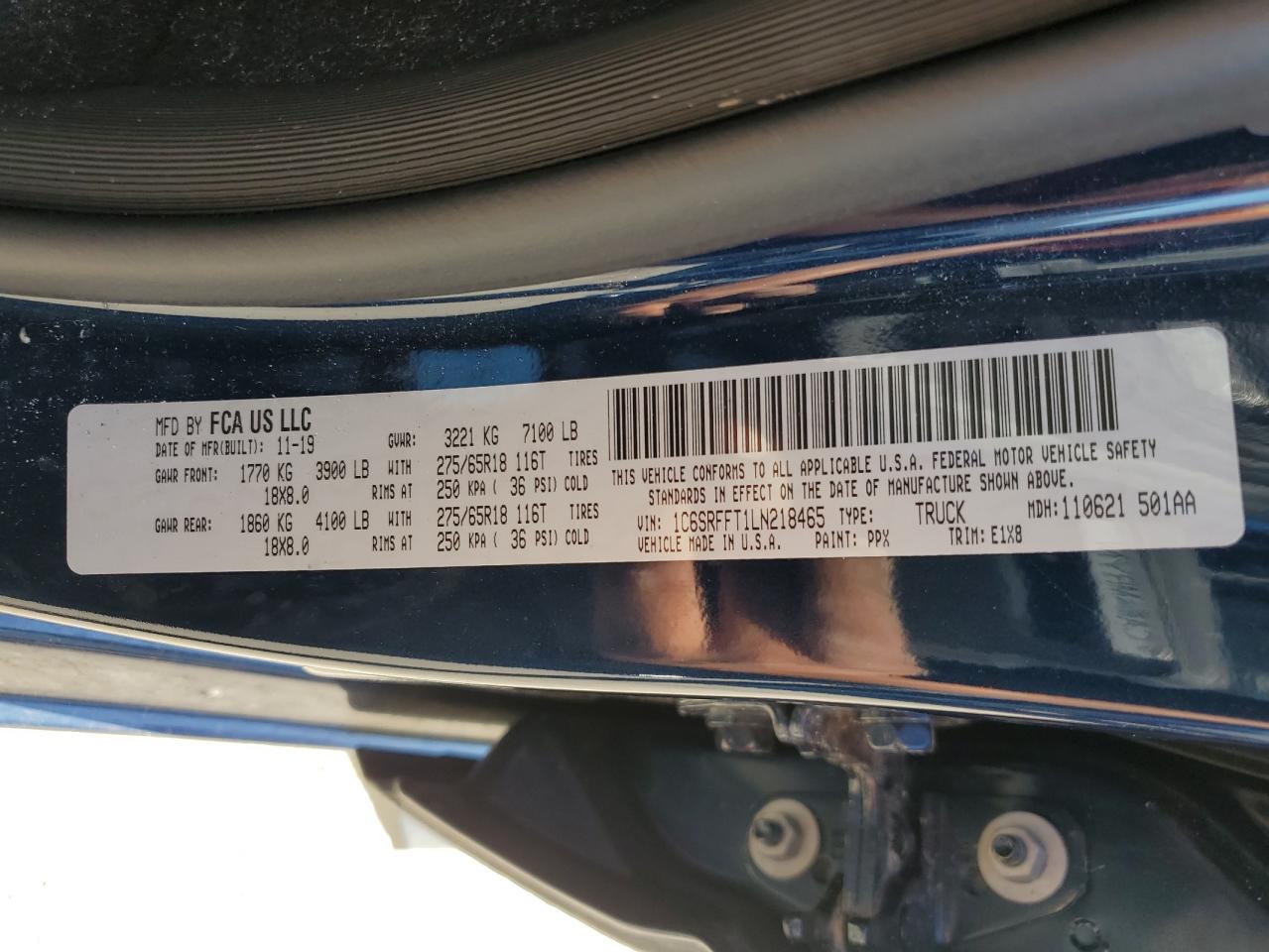 2020 RAM 1500 VIN 1C6SRFFT1LN218465 Copart auction photo, water/flood damage thumbnail 12