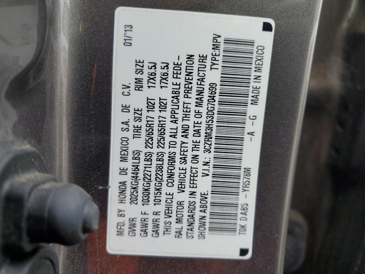 2013 Honda CR-V VIN 3CZRM3H53DG704699 Copart auction photo, minor dent/scratches damage thumbnail 13