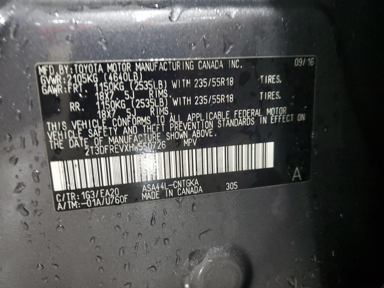 2017 Toyota RAV 4 VIN 2T3DFREVXHW550726 Copart auction photo, front end damage thumbnail 14
