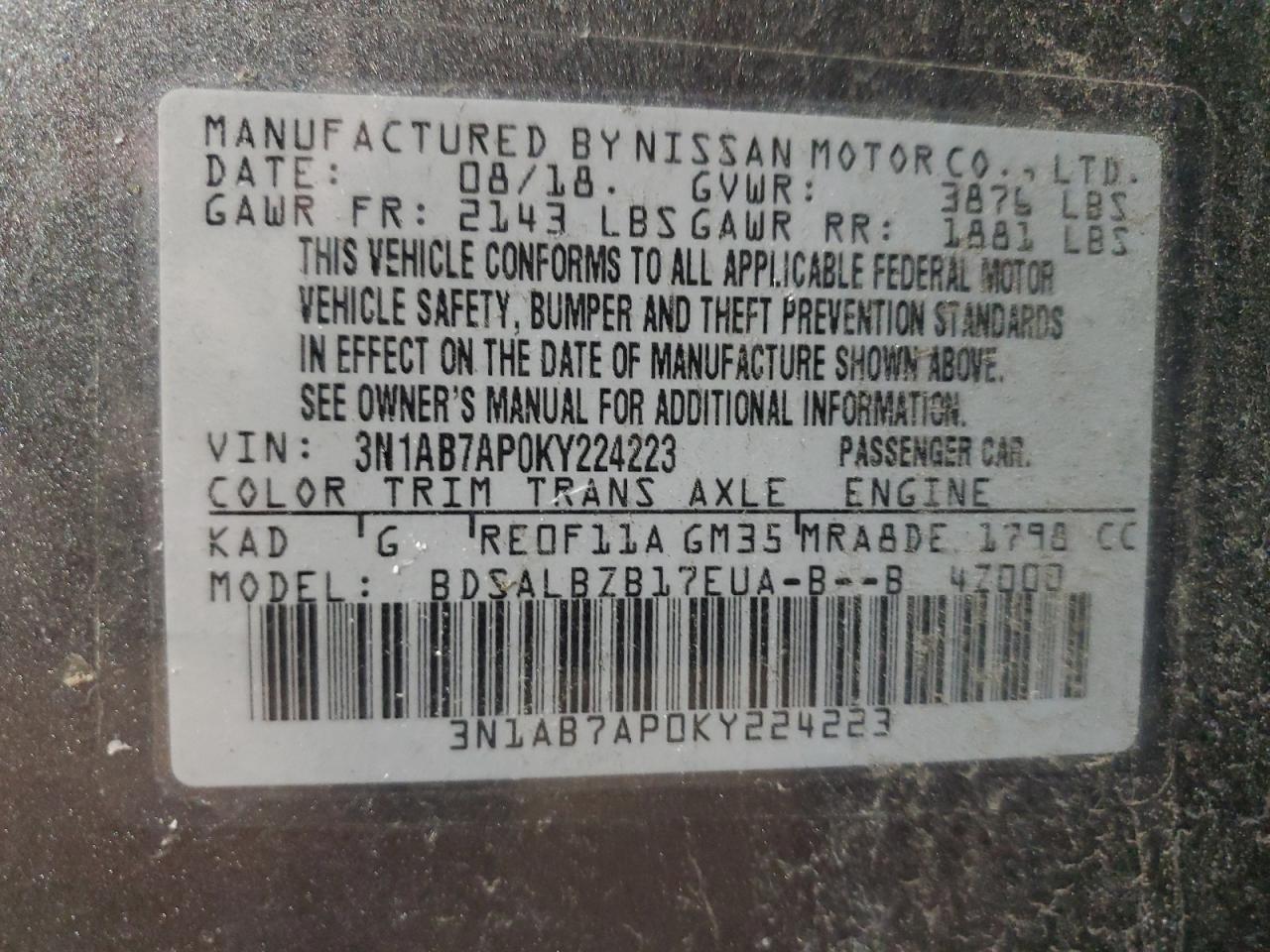 2019 Nissan Sentra VIN 3N1AB7AP0KY224223 Copart auction photo, front end / minor dent/scratches damage thumbnail 12