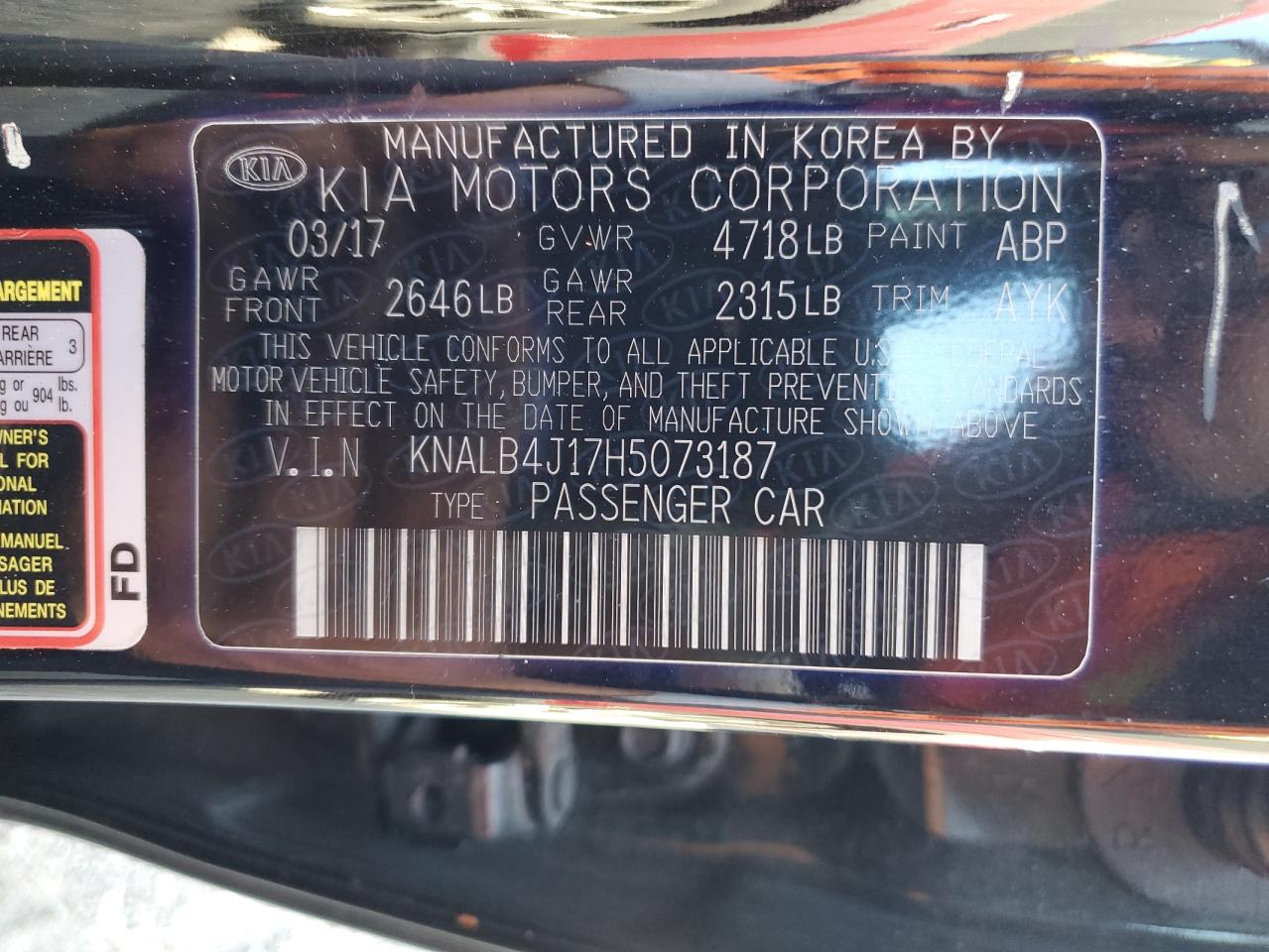 2017 KIA Cadenza VIN KNALB4J17H5073187 Copart auction photo, water/flood damage thumbnail 13