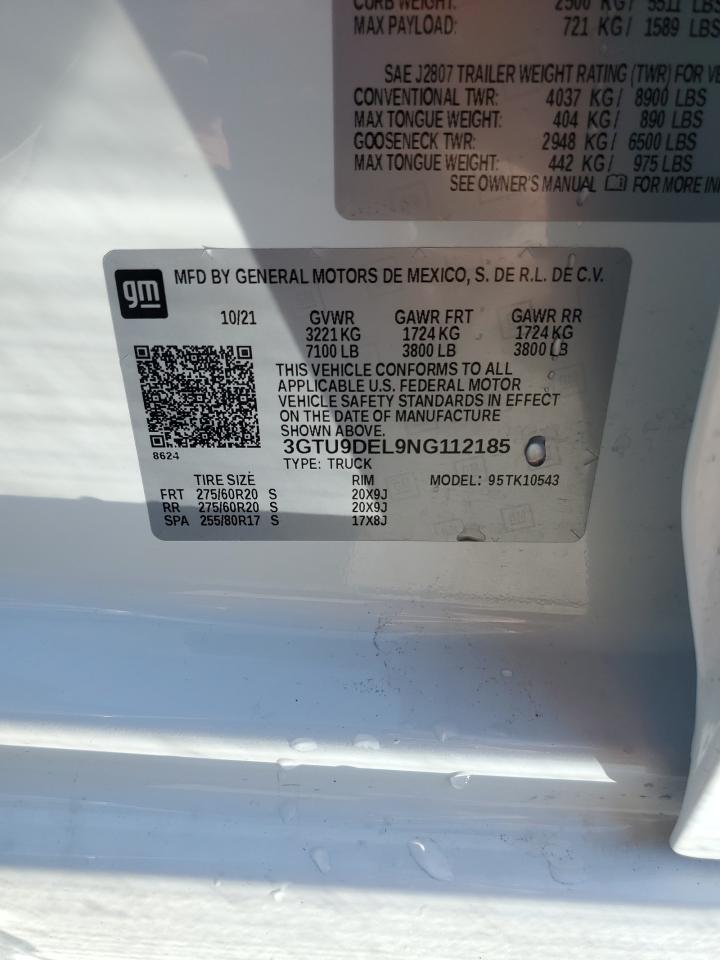 2022 GMC Sierra VIN 3GTU9DEL9NG112185 Copart auction photo, front end / rear end damage thumbnail 14