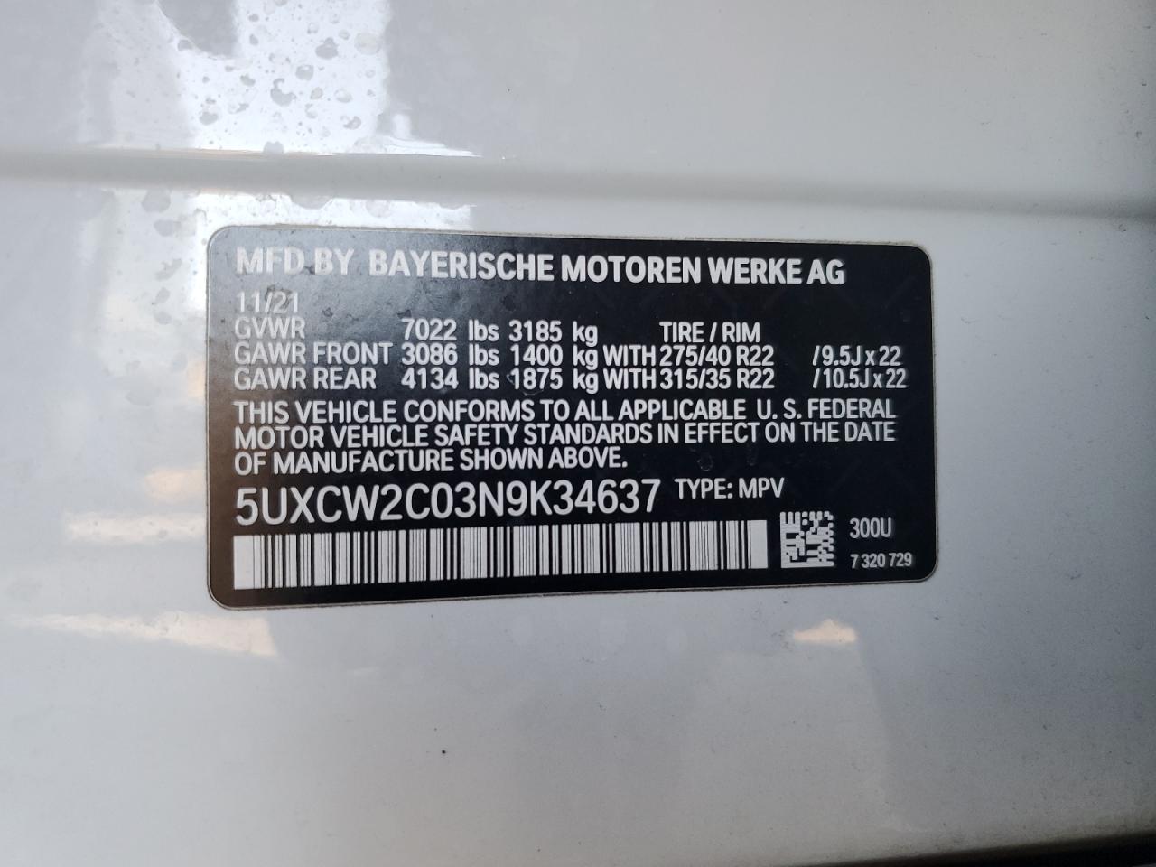 2022 BMW X7 VIN 5UXCW2C03N9K34637 Copart auction photo, front end damage thumbnail 13