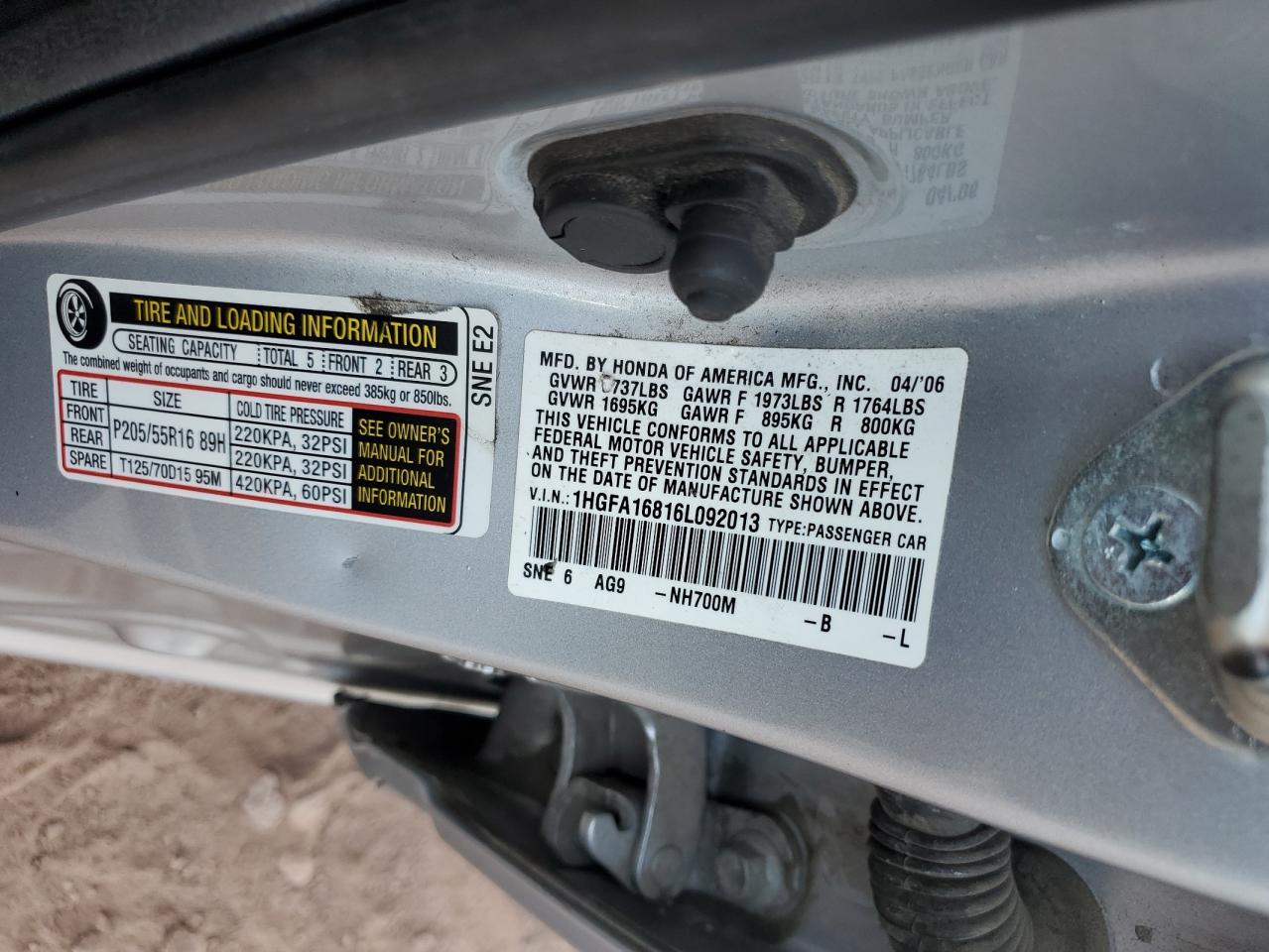2006 Honda Civic VIN 1HGFA16816L092013 Copart auction photo, front end / side damage thumbnail 12