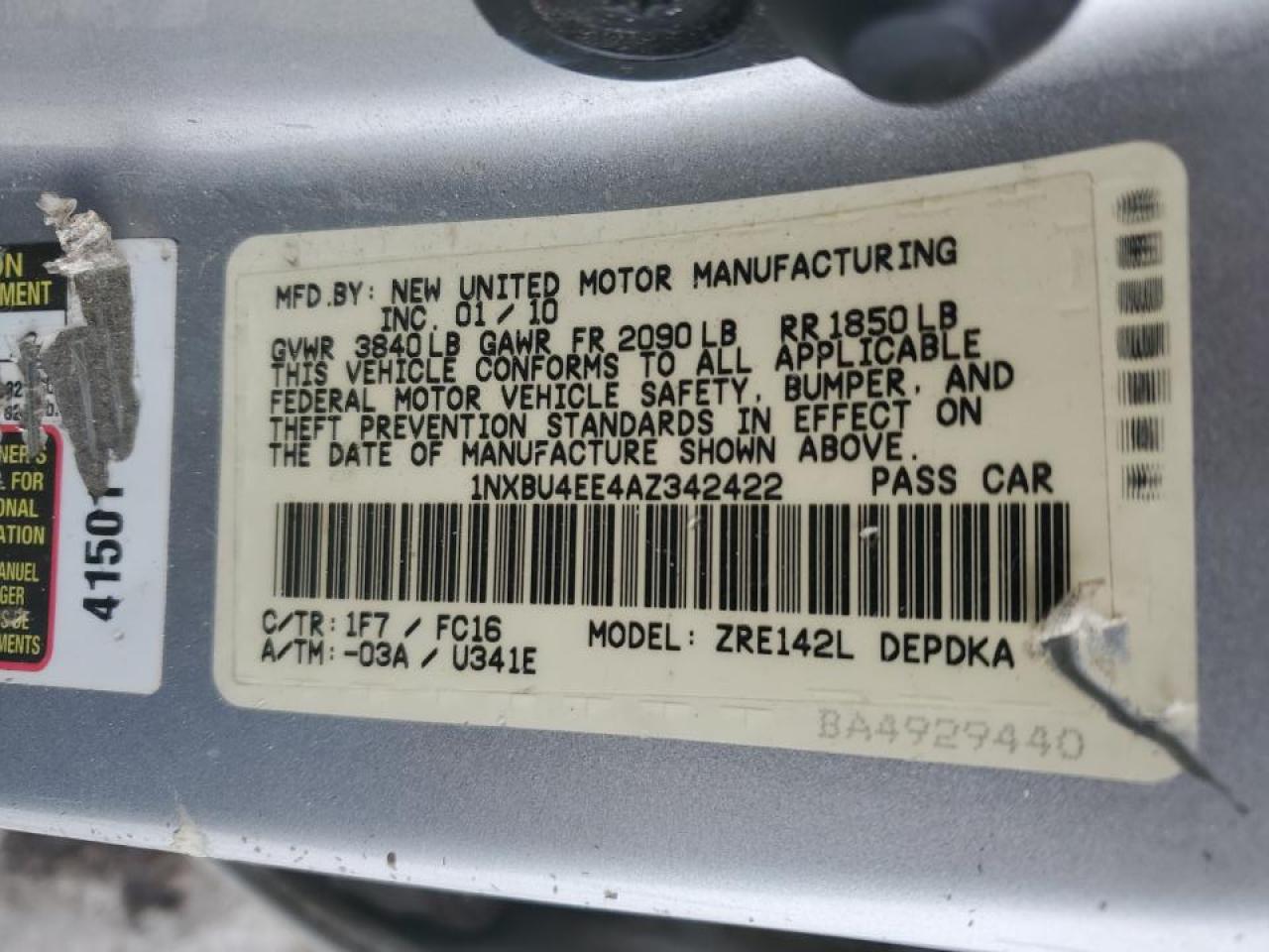 2010 Toyota Corolla VIN 1NXBU4EE4AZ342422 Copart auction photo, front end damage thumbnail 12