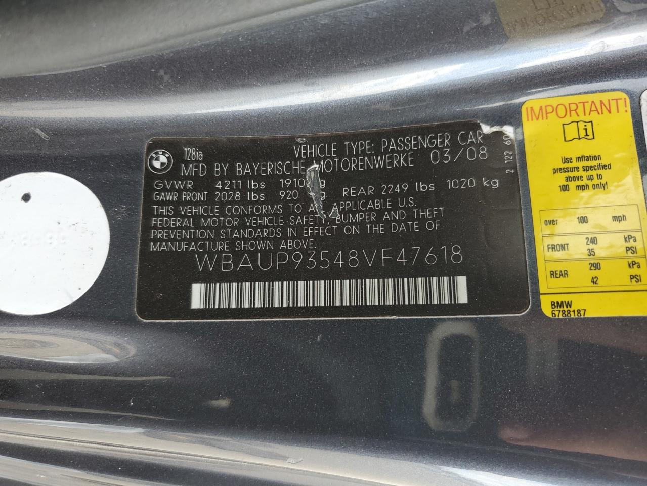 2008 BMW 1er VIN WBAUP93548VF47618 Copart auction photo, side / front end damage thumbnail 14
