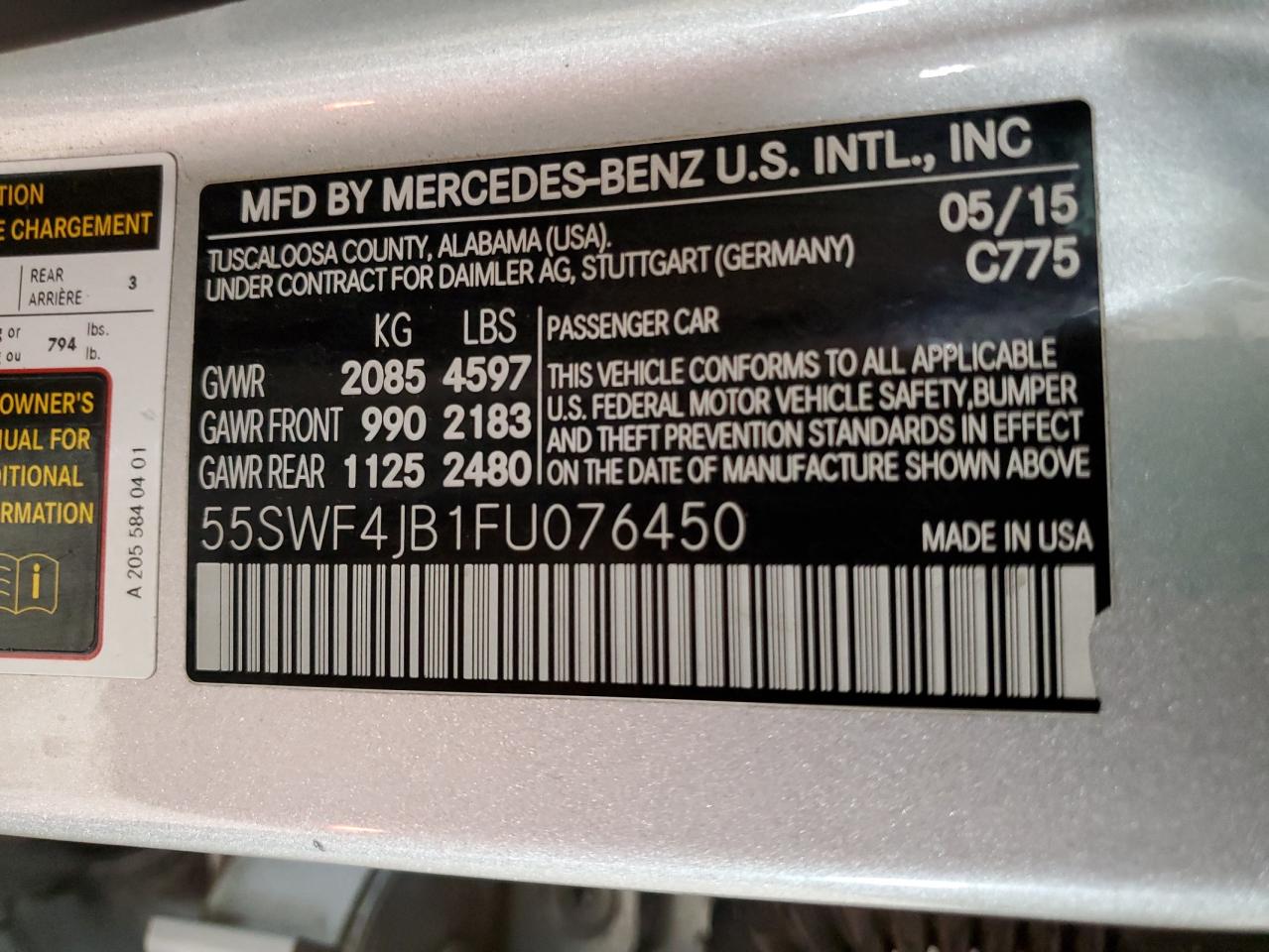 2015 Mercedes-Benz C-klasse VIN 55SWF4JB1FU076450 Copart auction photo, front end / minor dent/scratches damage thumbnail 12
