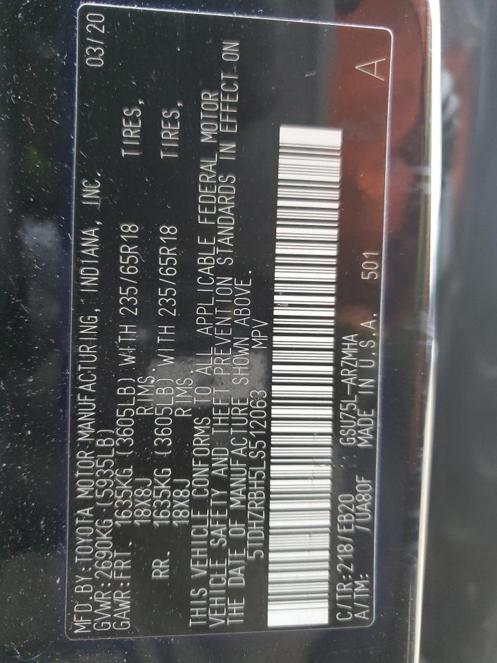 2020 Toyota Highlander VIN 5TDHZRBH5LS512063 Copart auction photo, front end damage thumbnail 15