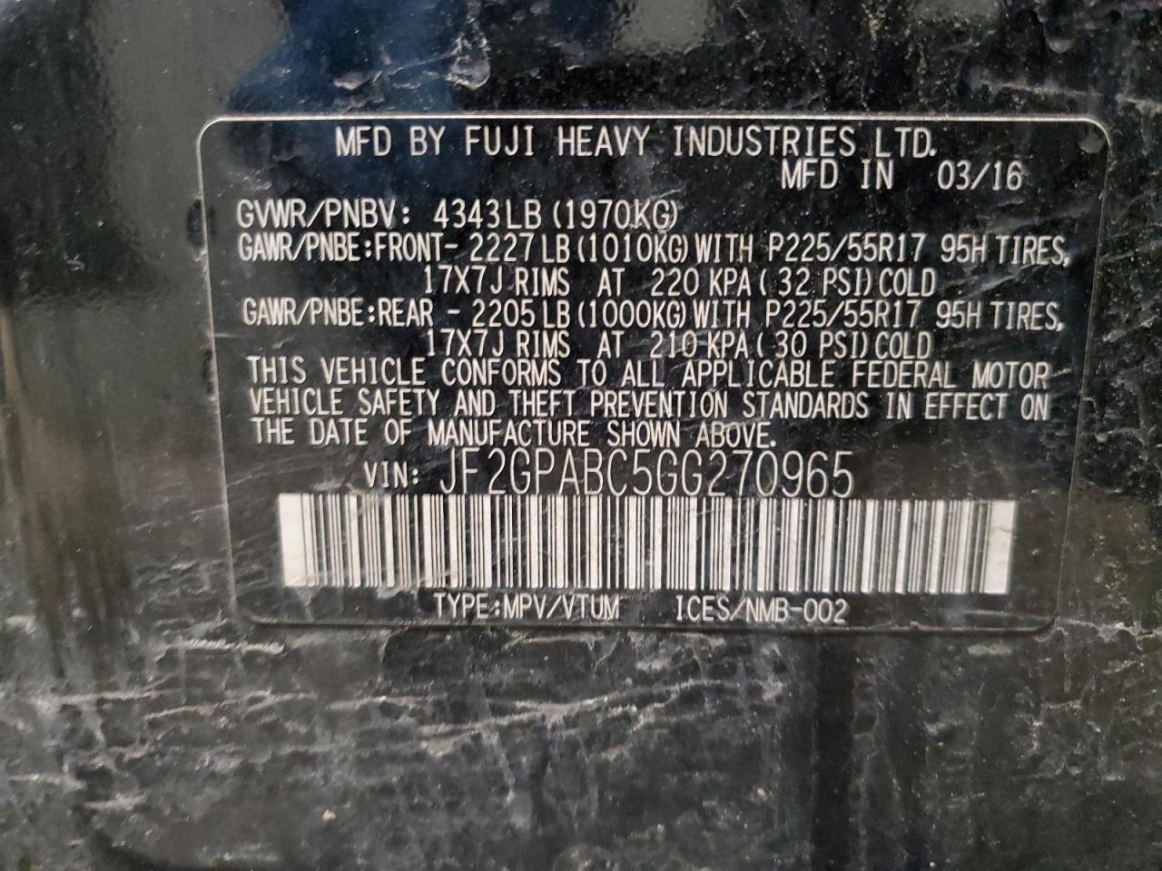 2016 Subaru XV VIN JF2GPABC5GG270965 Copart auction photo, mechanical damage thumbnail 12