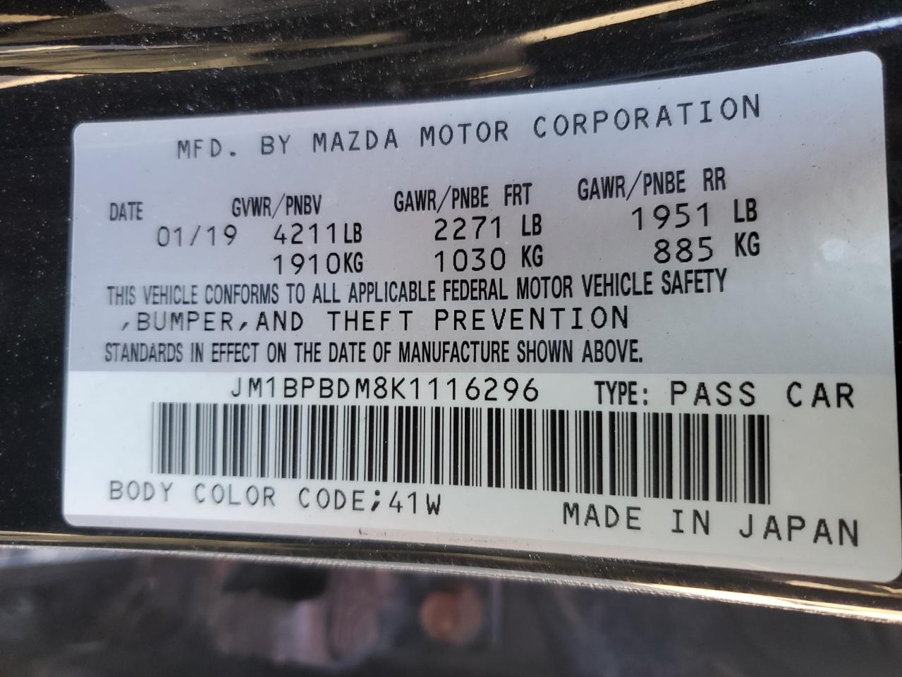 2019 Mazda 3 VIN JM1BPBDM8K1116296 Copart auction photo, rear end / side damage thumbnail 12