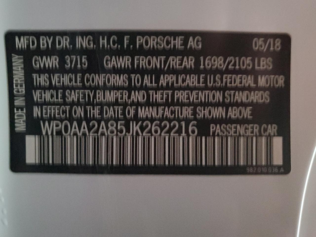 2018 Porsche Cayman VIN WP0AA2A85JK262216 Copart auction photo, front end damage thumbnail 12
