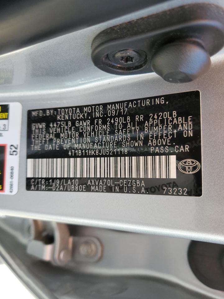 2018 Toyota Camry VIN 4T1B11HK8JU521118 Copart auction photo, rear end / frame damage damage thumbnail 12