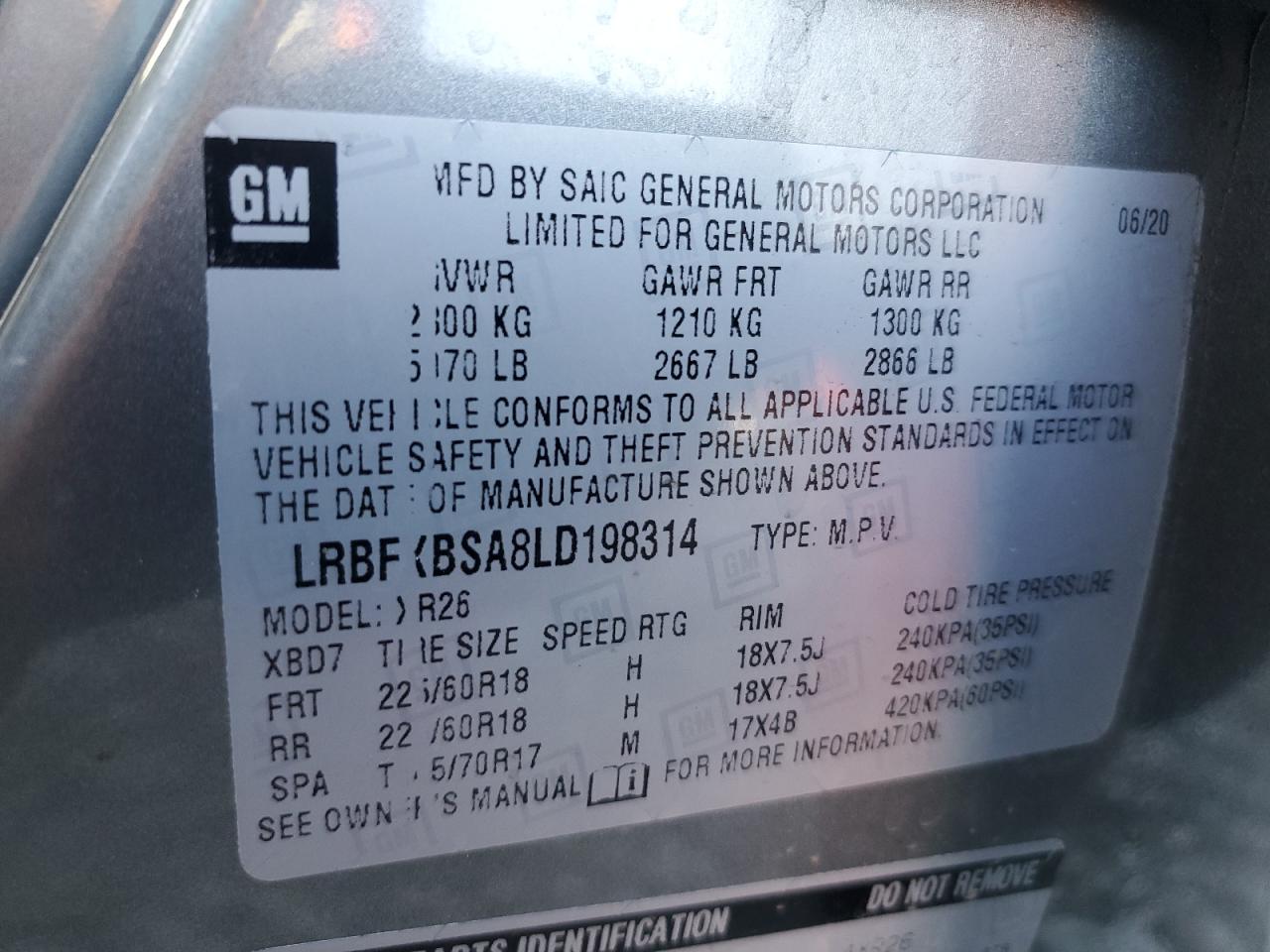 2020 Buick Envision VIN LRBFXBSA8LD198314 Copart auction photo, front end / side damage thumbnail 15