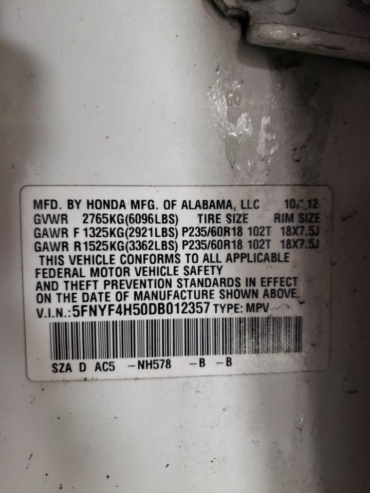 2013 Honda Pilot VIN 5FNYF4H50DB012357 Copart auction photo, front end damage thumbnail 12