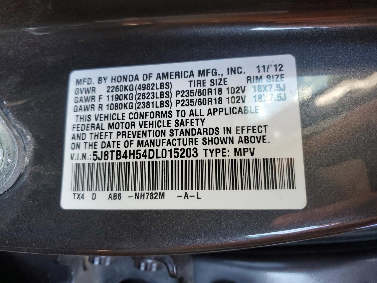 2013 Acura RDX VIN 5J8TB4H54DL015203 Copart auction photo, all over / rollover damage thumbnail 13