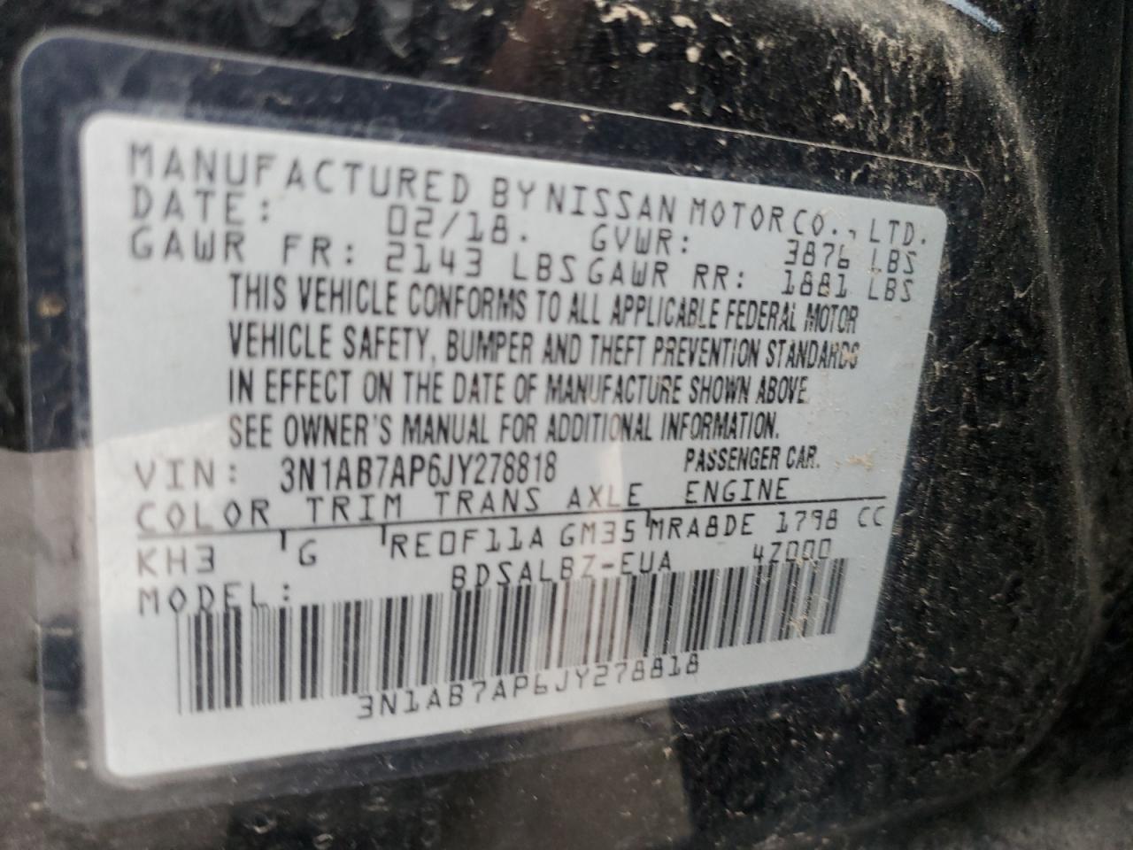2018 Nissan Sentra VIN 3N1AB7AP6JY278818 Copart auction photo, rear end / hail damage thumbnail 13