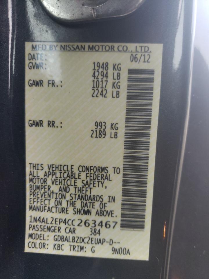2012 Nissan Altima VIN 1N4AL2EP4CC263467 Copart auction photo, rear end / side damage thumbnail 14