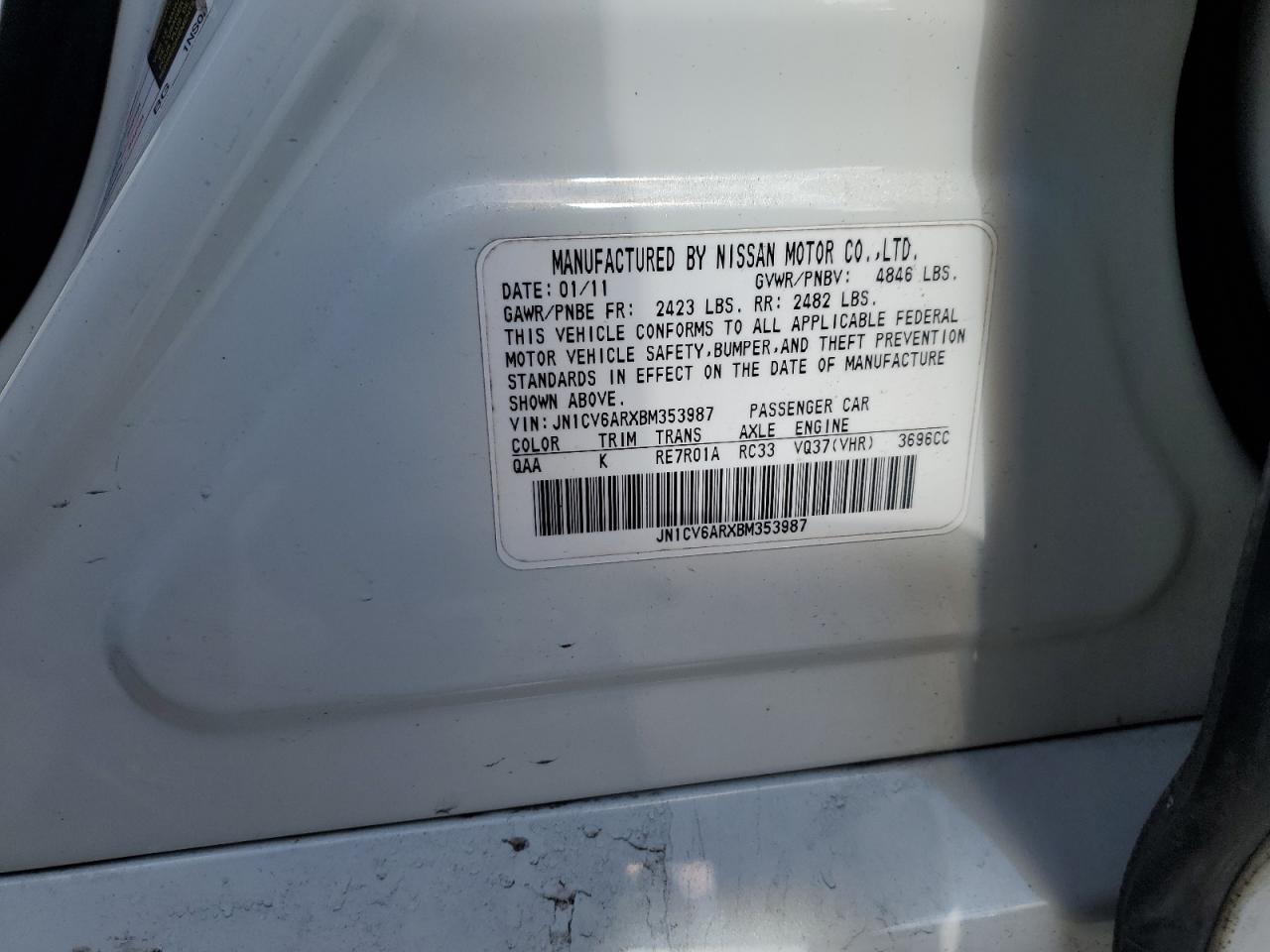 2011 Infiniti G VIN JN1CV6ARXBM353987 Copart auction photo, front end damage thumbnail 14