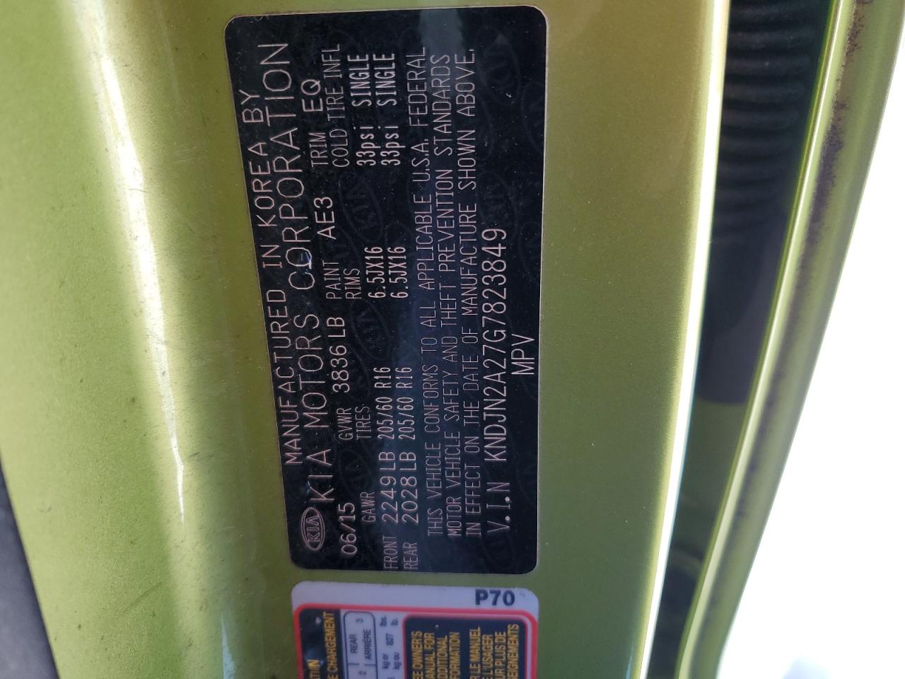 2016 KIA Soul VIN KNDJN2A27G7823849 Copart auction photo, all over damage thumbnail 12
