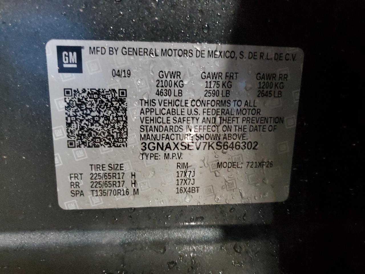 2019 Chevrolet Equinox VIN 3GNAXSEV7KS646302 Copart auction photo, side damage thumbnail 16