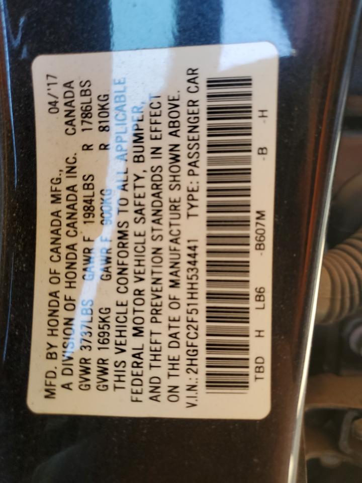 2017 Honda Civic VIN 2HGFC2F51HH534441 Copart auction photo, side / rear end damage thumbnail 12