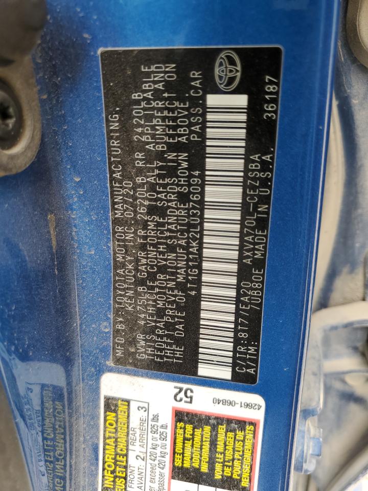 2020 Toyota Camry VIN 4T1G11AK2LU376094 Copart auction photo, hail damage thumbnail 12