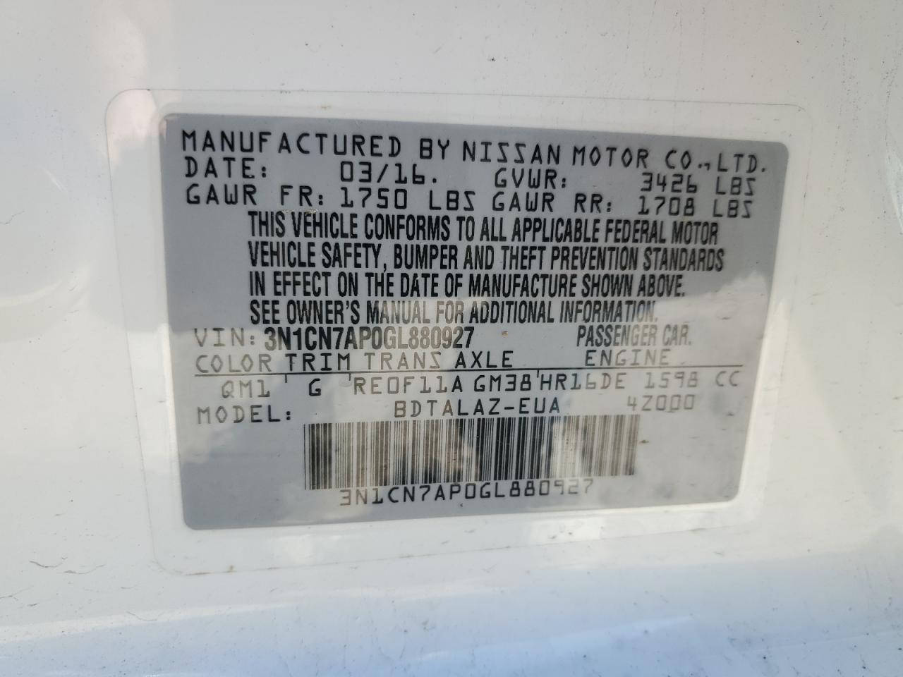2016 Nissan Versa VIN 3N1CN7AP0GL880927 Copart auction photo, front end / minor dent/scratches damage thumbnail 15